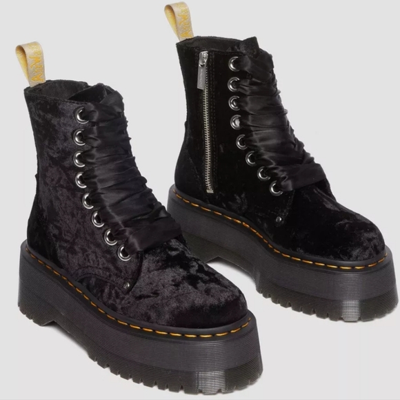 Dr. Martens Shoes - Dr. Martens Jadon Max Vegan Black Crushed Velvet Plaform Boots Ribbon Laces Sz 9